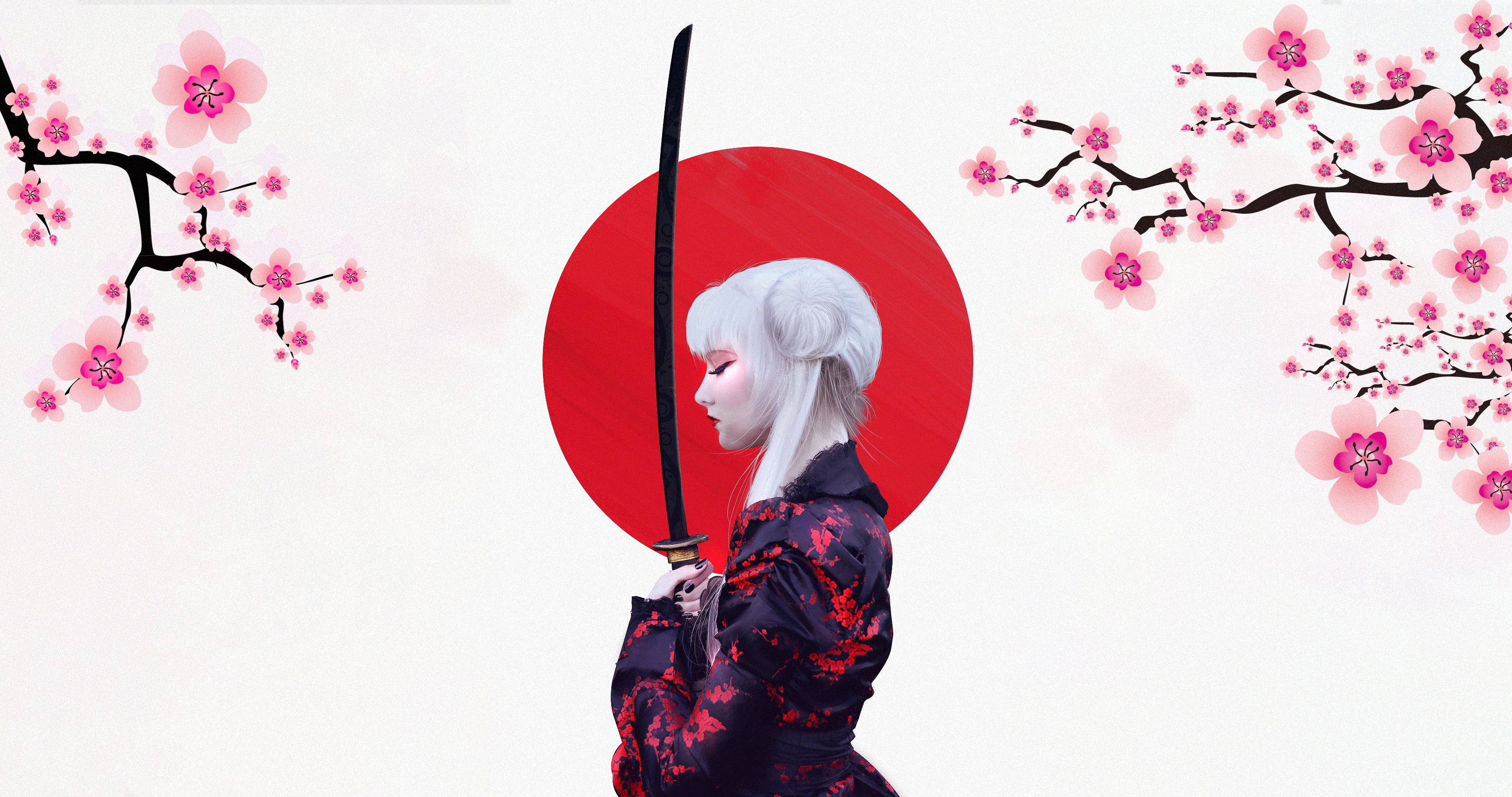 Download Blossom Katana Sword Kimono White Hair Woman Warrior Fantasy ...