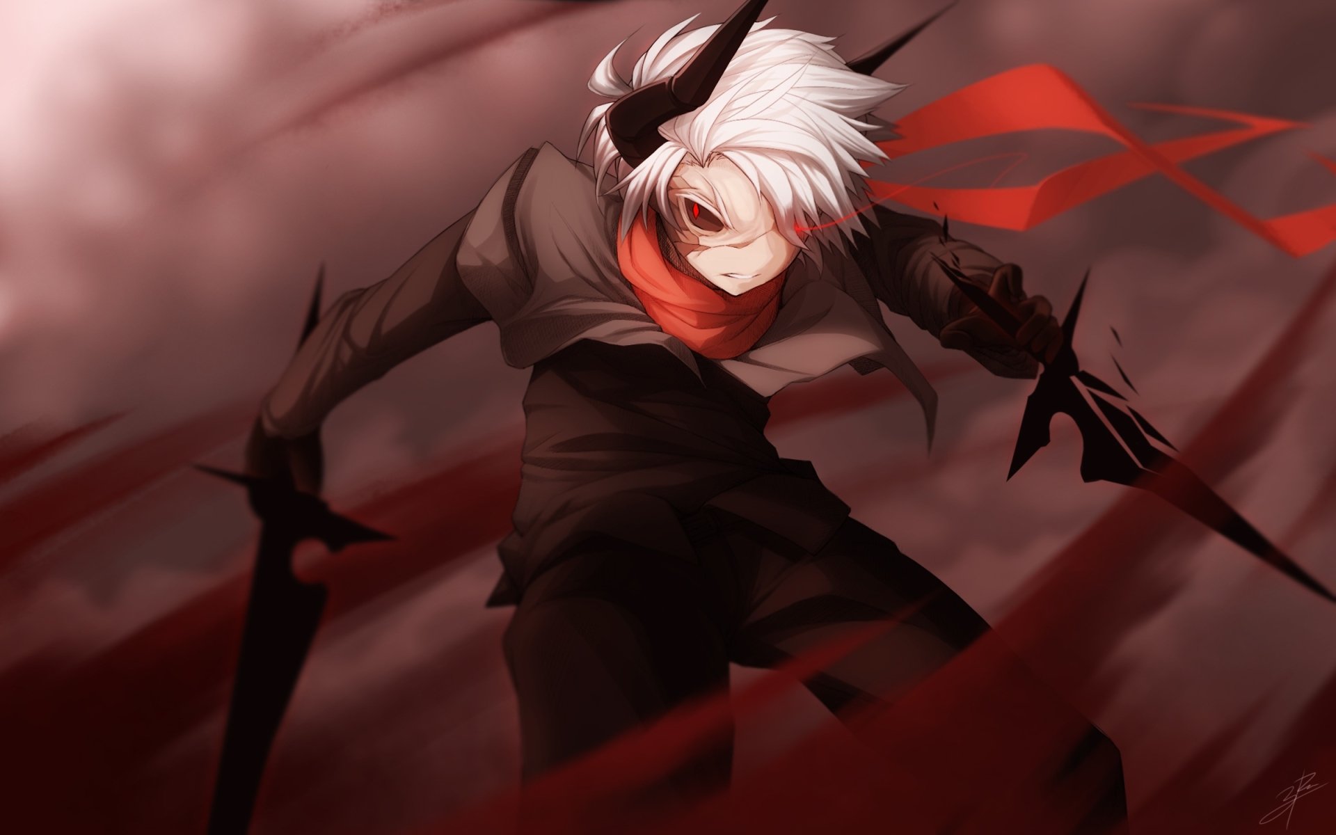 Anime original HD PC desktop wallpaper and background: white-haired swordsman with red scarf lunging through a dark red smoky battlefield, dual black blades and tattered coat in a dramatic action pose.
