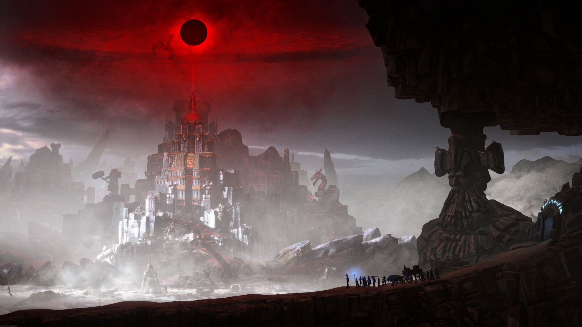 HD desktop wallpaper depicting a fantasy adventure landscape with a moonlit castle, statues, and a red beam of light illuminating the scene.