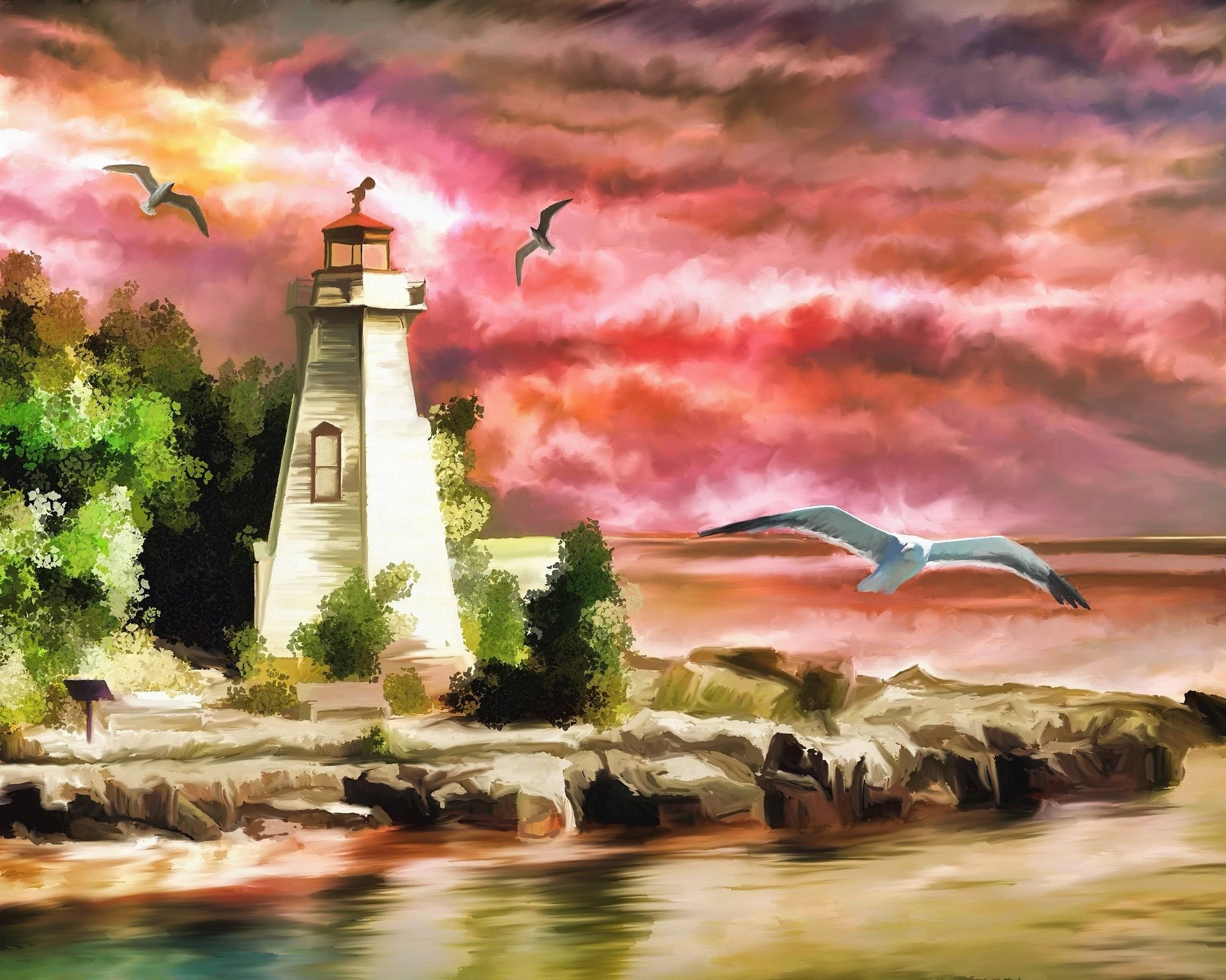 Download Coast Seagull Sunset Ocean Lighthouse Artistic Painting HD Wallpaper by natureworks