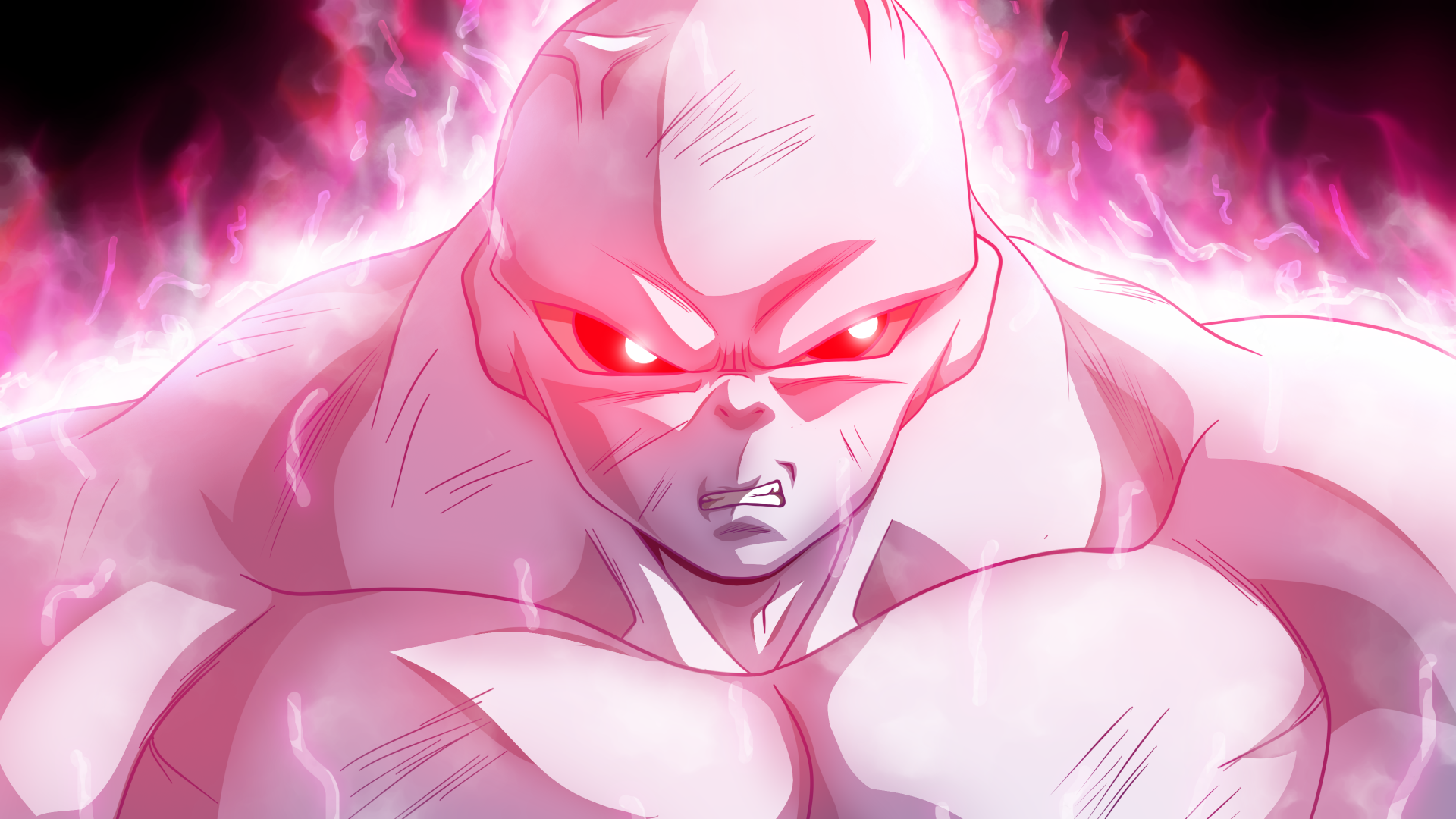 4K Ultra HD anime wallpaper featuring Jiren from Dragon Ball Super, glowing with intense red energy and fierce determination in a dynamic pose.