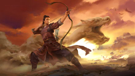 dust dragon bow warrior oriental fantasy archer fantasy warrior HD Desktop Wallpaper | Background Image
