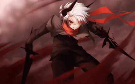 Anime original HD PC desktop wallpaper and background: white-haired swordsman with red scarf lunging through a dark red smoky battlefield, dual black blades and tattered coat in a dramatic action pose.