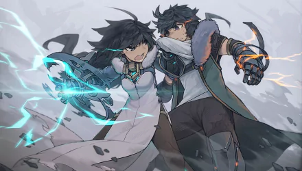 Anime-style HD PC desktop wallpaper featuring two original characters in dynamic action poses with glowing energy effects.