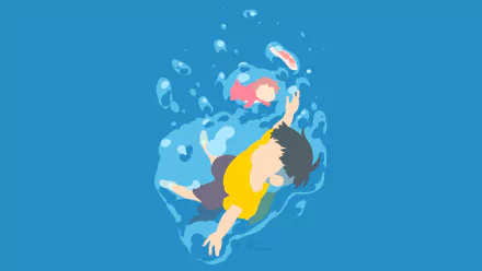 Minimalist vector HD desktop wallpaper of Ponyo from Studio Ghibli’s Ponyo on the Cliff By the Sea, featuring a simple anime-style underwater scene.