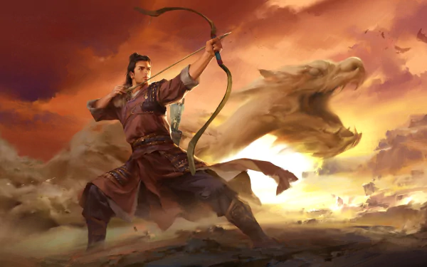 dust dragon bow warrior oriental fantasy archer fantasy warrior HD Desktop Wallpaper | Background Image