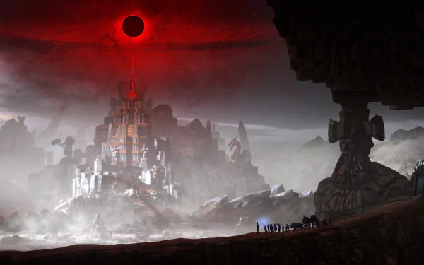 HD desktop wallpaper depicting a fantasy adventure landscape with a moonlit castle, statues, and a red beam of light illuminating the scene.