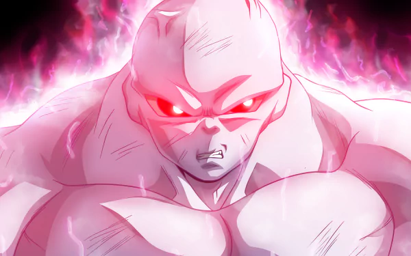 4K Ultra HD anime wallpaper featuring Jiren from Dragon Ball Super, glowing with intense red energy and fierce determination in a dynamic pose.