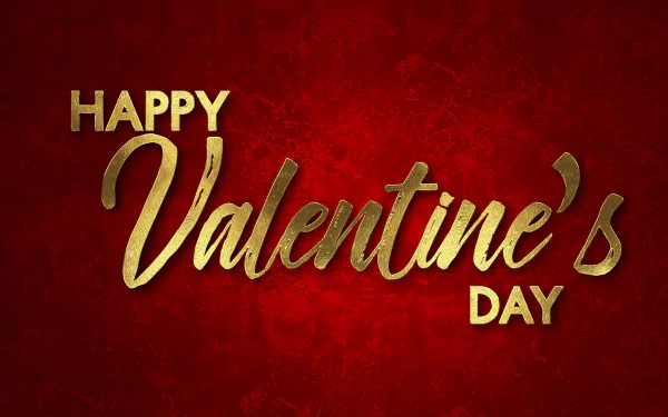 Elegant gold Happy Valentine's Day text on a rich red background, designed as a 4K Ultra HD PC desktop wallpaper for the Valentine's Day holiday.