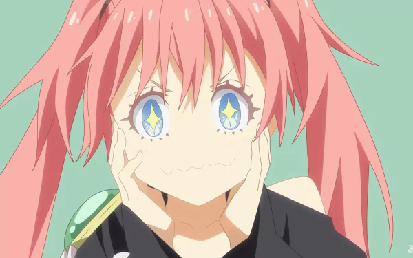 HD desktop wallpaper featuring Milim Nava from the anime That Time I Got Reincarnated as a Slime, with pink hair and expressive, starry eyes.
