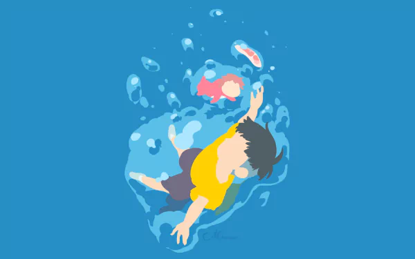 Minimalist vector HD desktop wallpaper of Ponyo from Studio Ghibli’s Ponyo on the Cliff By the Sea, featuring a simple anime-style underwater scene.