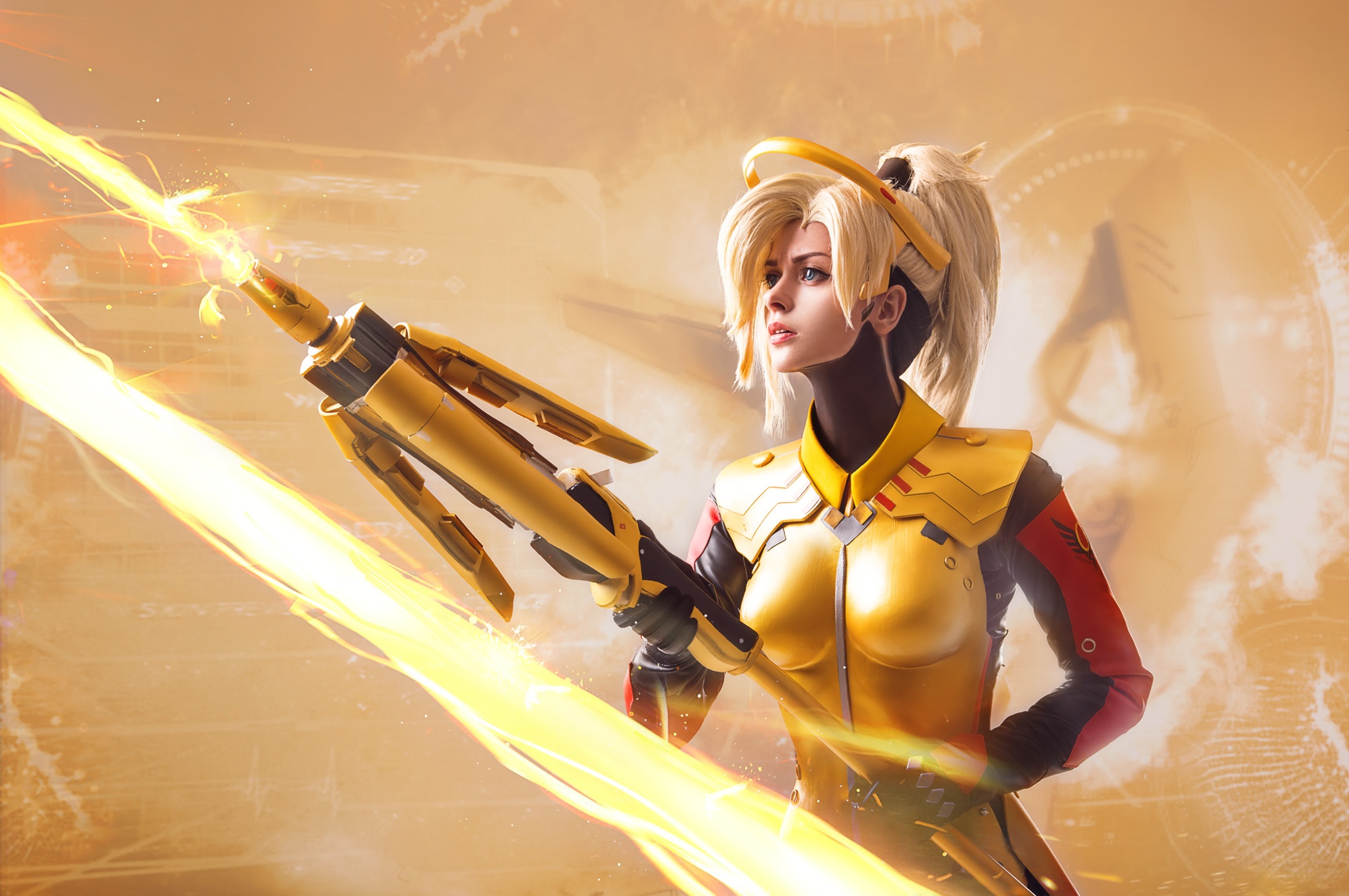 Mercy Overwatch Cosplay HD – Blonde Blue-Eyed Heroine in Action by Wan-Mei, image size:2100x1396