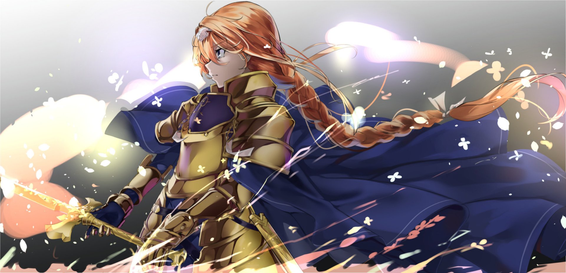 HD desktop wallpaper featuring Alice Zuberg from Sword Art Online: Alicization anime, showcasing her in golden armor with a determined expression and a flowing blue cape.