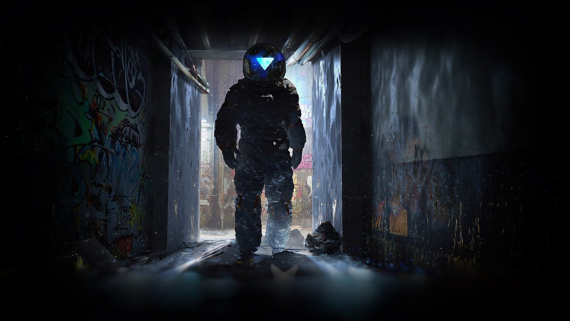 HD Sci-Fi desktop wallpaper featuring an astronaut walking through a dark, graffiti-lined tunnel with water reflections on the ground, illuminated by a blue light from the helmet.