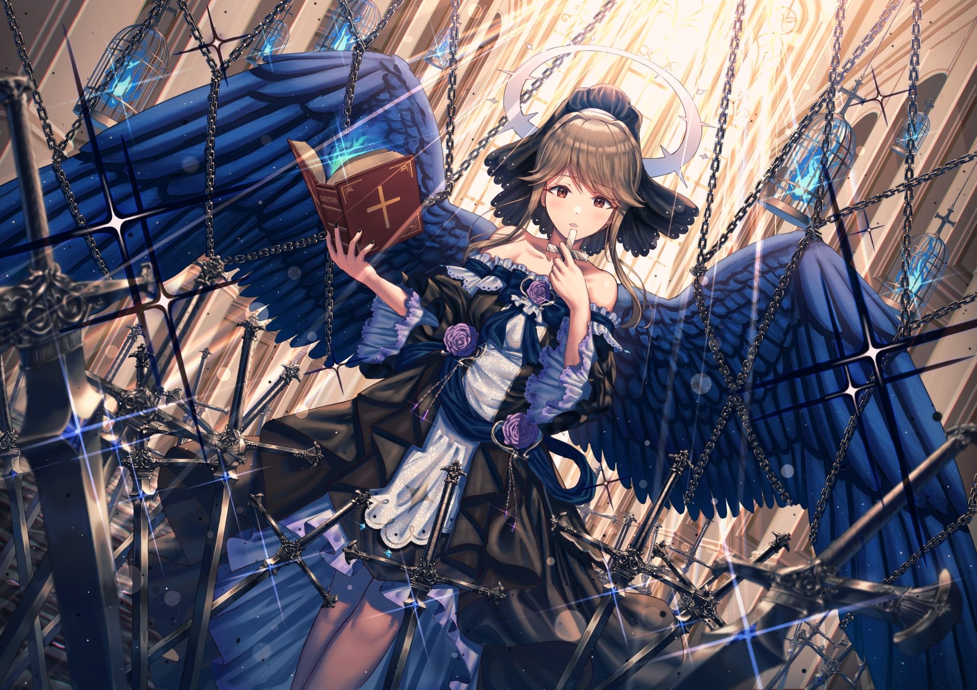 A detailed anime illustration of Tomoka Tenkubashi from THE iDOLM@STER: Million Live!, featuring her as an angel wielding a sword and holding a book, set against a luminous backdrop.