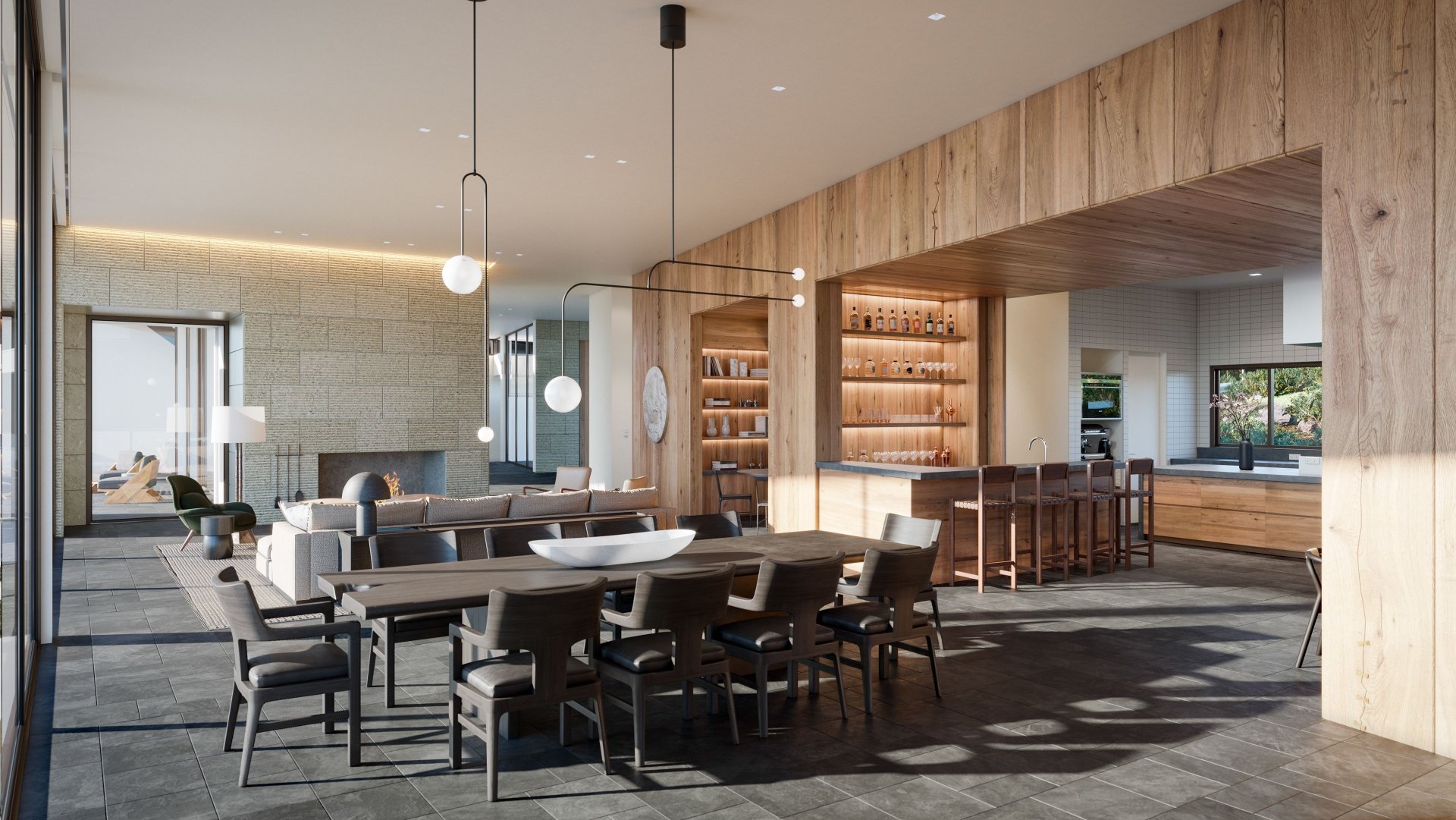 A modern living room and kitchen featuring a large wooden table, sleek furniture, and warm lighting, captured in 4K Ultra HD for a detailed PC desktop wallpaper.