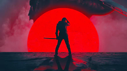 A dramatic HD wallpaper featuring Jeremy Renner as Ronin from Marvel's Avengers: Endgame, standing silhouetted against a striking red sunset.