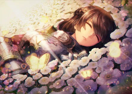A serene anime illustration featuring a character resting among blooming flowers, with delicate butterflies fluttering nearby, creating a tranquil fantasy atmosphere. HD desktop wallpaper.