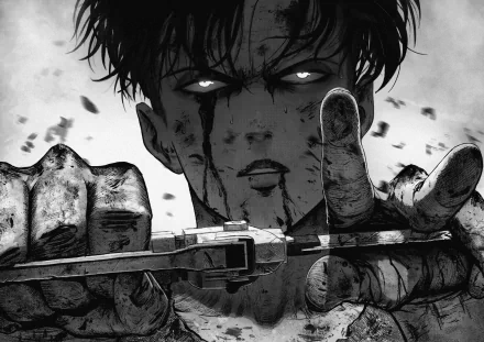 HD desktop wallpaper featuring Levi Ackerman from Attack on Titan, depicted in a dark, intense scene with dirt and scars on his face, and clutching a weapon. The monochrome style emphasizes the dramatic mood.