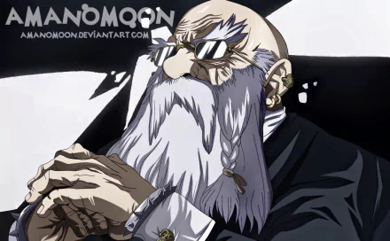 HD PC desktop wallpaper of Kaseki from the anime Dr. Stone — stern elderly craftsman with braided white beard, reflective goggles and clasped hands against a high-contrast background.