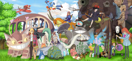 HD desktop wallpaper featuring a vibrant crossover of characters from various animated movies, gathered in a lush, green landscape with whimsical elements and fantastical creatures.