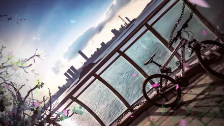 HD anime-style original desktop wallpaper featuring a serene waterfront view with a bicycle chained to a railing and a city skyline in the background.