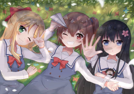Three cheerful characters, Hana Shirosaki, Hinata Hoshino, and Noa Himesaka, are enjoying a sunny day in a lush garden, featured in this HD wallpaper from *Wataten!: An Angel Flew Down to Me*.