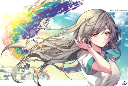 HD anime wallpaper featuring Hitomi Tsukishiro from Iroduku: The World in Colors, with flowing silver hair and a colorful, vibrant background.