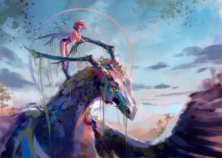 A vibrant fantasy HD desktop wallpaper featuring a majestic dragon with a rider. The scene showcases a mythical world under a colorful sky, blending elements of fantasy art seamlessly.