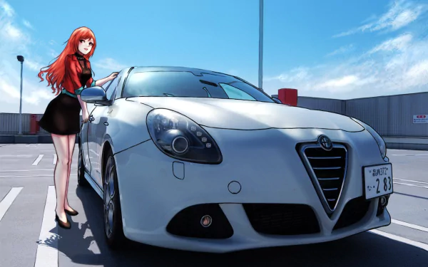 HD PC desktop wallpaper: Natsuha Arisugawa from The iDOLM@STER: Shiny Colors — red-haired anime idol leaning on a white Alfa Romeo in a sunlit rooftop parking under a blue sky.