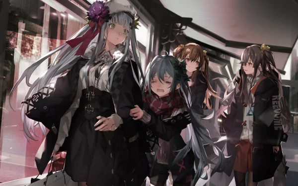 4K Ultra HD PC wallpaper featuring Girls Frontline characters UMP9, UMP45, HK416, and G11 in a detailed, atmospheric scene from the video game.
