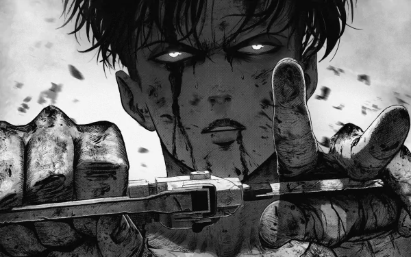 HD desktop wallpaper featuring Levi Ackerman from Attack on Titan, depicted in a dark, intense scene with dirt and scars on his face, and clutching a weapon. The monochrome style emphasizes the dramatic mood.