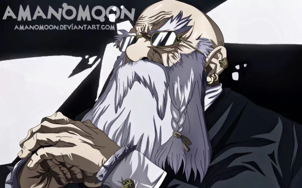 HD PC desktop wallpaper of Kaseki from the anime Dr. Stone — stern elderly craftsman with braided white beard, reflective goggles and clasped hands against a high-contrast background.