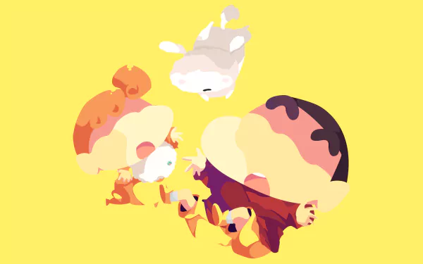 Anime HD PC desktop wallpaper of Crayon Shin-chan and friends in playful minimalist pastel silhouettes against a bright yellow background.