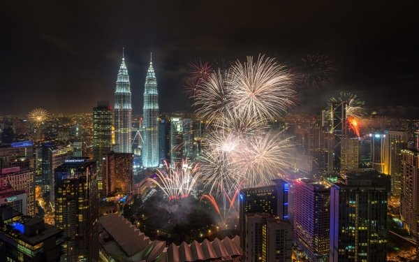 Man Made Kuala Lumpur Cities Malaysia Fireworks Firewood Night City Building Skyscraper HD Wallpaper | Background Image