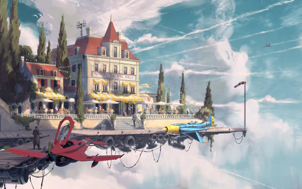 An HD desktop wallpaper featuring a sci-fi scene with futuristic aircraft parked near a grand building on a platform above the clouds. The sky is filled with clouds and another aircraft flying in the distance.