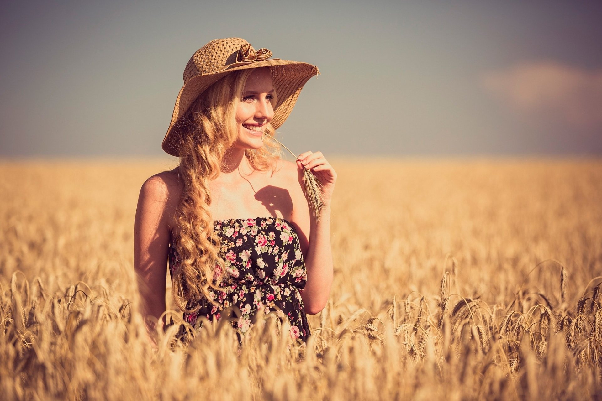 Download Depth Of Field Summer Wheat Hat Long Hair Blonde Dress Smile ...