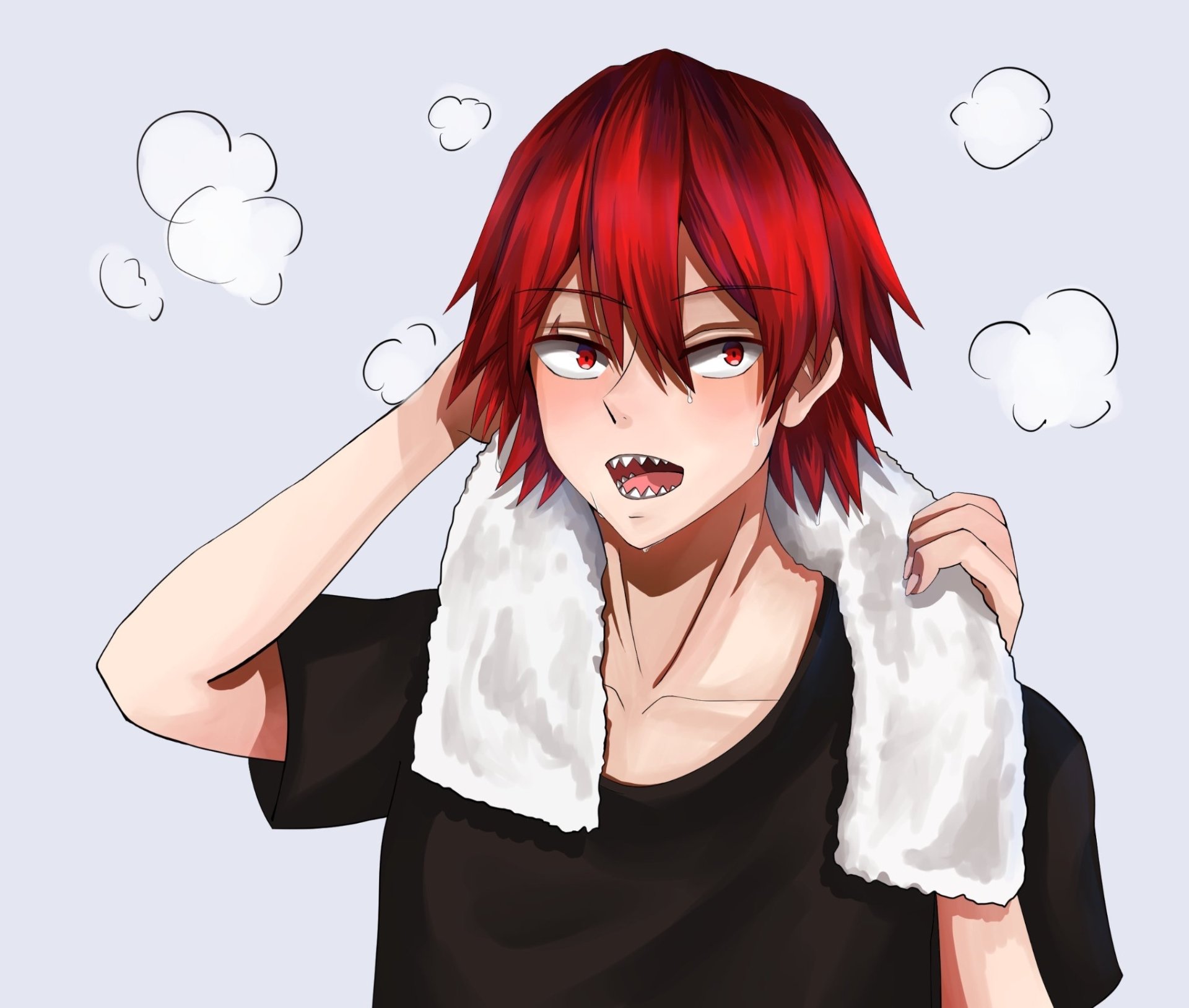HD PC desktop wallpaper of Eijiro Kirishima from My Hero Academia: red-haired anime character with shark-like teeth, black shirt and towel over shoulders against a pale background.