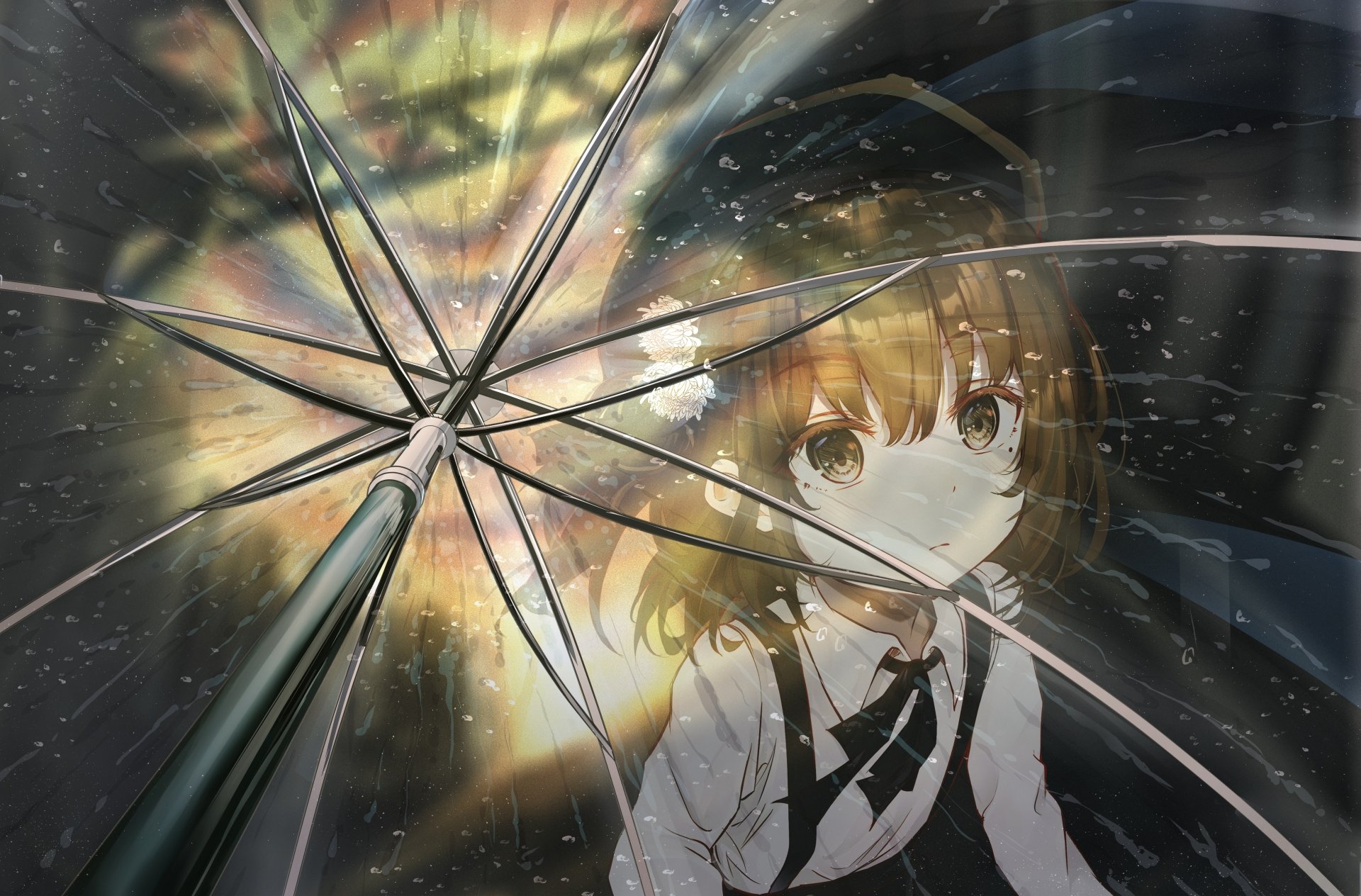 Hatoba Tsugu, anime Virtual YouTuber, beneath a rain-speckled umbrella with warm backlight and falling raindrops — 4K Ultra HD PC desktop wallpaper/background