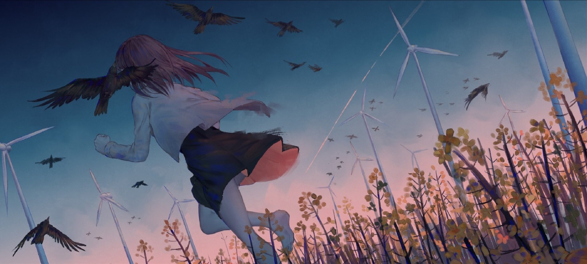 Anime-style HD desktop wallpaper featuring a girl running in a field with wind turbines and a raven perched on her arm, surrounded by other ravens and a beautiful twilight sky.