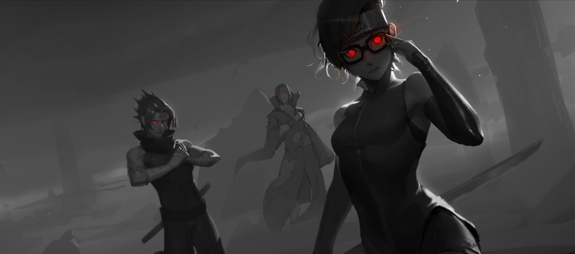 HD desktop wallpaper featuring Sasuke Uchiha, Itachi Uchiha, and Sarada Uchiha from the anime Naruto, depicted as members of the Uchiha Clan, standing in a dramatic grayscale setting.