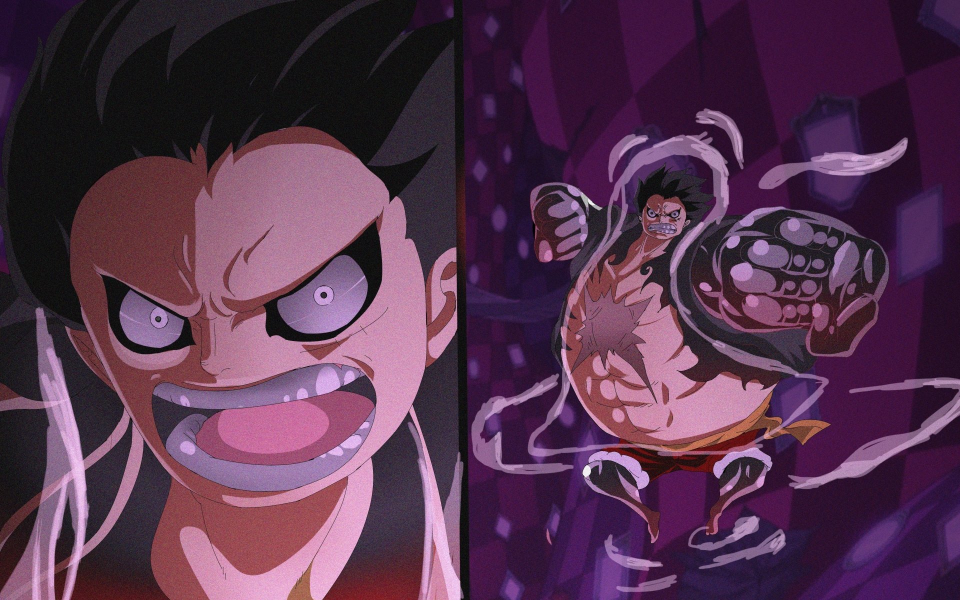 Anime One Piece 4K Ultra HD PC desktop wallpaper: split image of Monkey D. Luffy — intense close-up on left and Gear Fourth pose on right, surrounded by swirling haki on a dark purple background.
