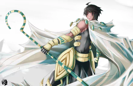 HD PC desktop wallpaper of Ozymandias (Fate/Prototype) from Fate/Grand Order — anime-style regal warrior in white and gold robes, wielding a striped crook against a pale backdrop.
