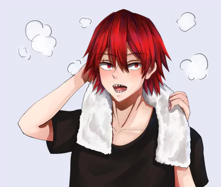 HD PC desktop wallpaper of Eijiro Kirishima from My Hero Academia: red-haired anime character with shark-like teeth, black shirt and towel over shoulders against a pale background.