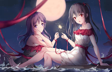 HD anime original artwork featuring two girls in white and red dresses sitting in shallow water under a full moon, holding sparklers, designed as a PC desktop wallpaper.