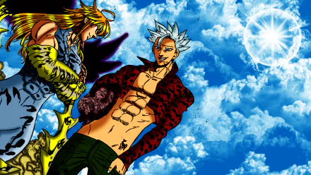 HD desktop wallpaper featuring Demon King and Ban from the anime The Seven Deadly Sins, set against a vibrant sky with clouds and a glowing sun.