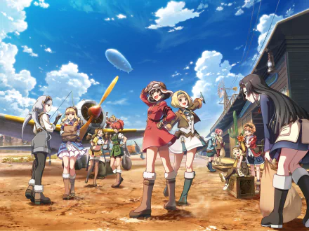 4K Ultra HD anime wallpaper featuring the Kouya no Kotobuki Hikoutai cast standing on a sunny airfield under a bright blue sky with clouds and a zeppelin in the background.