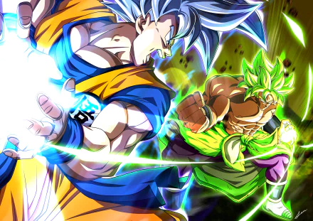 HD desktop wallpaper featuring Broly and Goku from Dragon Ball Super: Broly anime, showcasing an intense battle scene in vibrant colors.