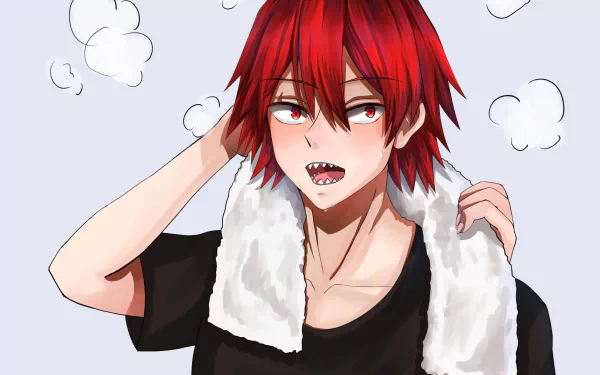 HD PC desktop wallpaper of Eijiro Kirishima from My Hero Academia: red-haired anime character with shark-like teeth, black shirt and towel over shoulders against a pale background.
