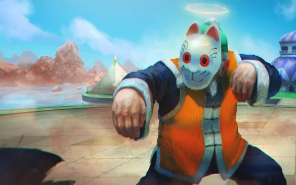 HD desktop wallpaper of Grandpa Gohan from Dragon Ball in an anime style, showcasing a detailed background with mountains, a serene sky, and architectural elements.